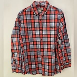 Duluth Trading Flannel Shirt Men's Sz L Trim Fit Orange Navy Plaid Long Sleeve